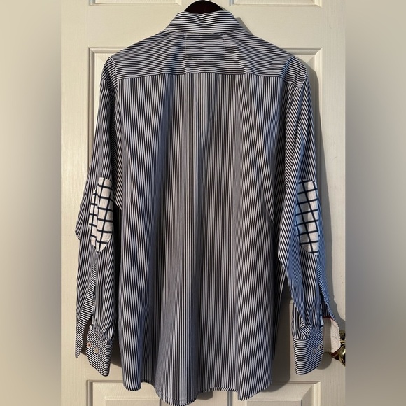 ALEX CANNON Blue White Stripe LG Button Down Contrast Cuffs Elbow Patches Cotton - Picture 2 of 16